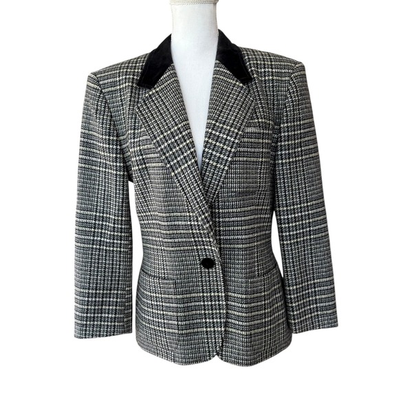 Escada Jackets & Blazers - Escada by Margaretha Ley Vintage Houndstooth Wool Blazer Jacket Velvet Collar 40